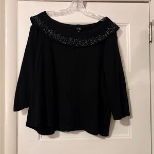 Rafaella Boat Neck/Off the Shoulder Black Embellished Sweater